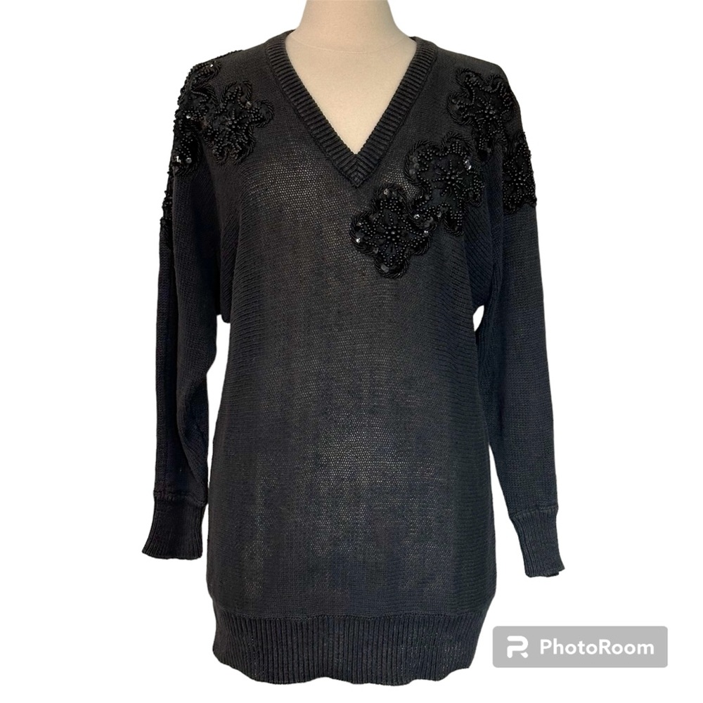 Vintage Eminent Beaded Sequined Black V-Neck Sweater Size M